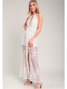 Honey Punch White Lace Halter Maxi Dress with Front Slit